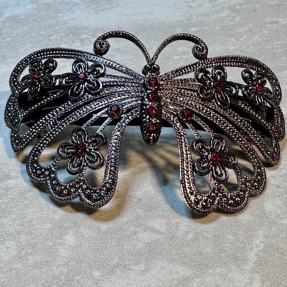 Vintage Ornate Filigree Butterfly Jeweled Metal Hair Clip Barrette - Picture 3 of 7